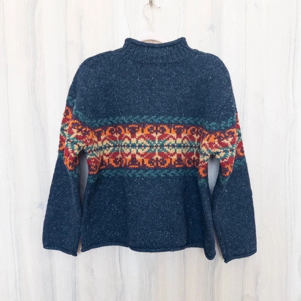Vintage Mens Roll Neck Fair Isle Sweater Small Navy Wool Nordic Heritage Cabin